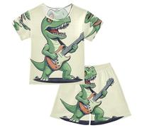 Pigiama corto per bambini, set da 2 pezzi, pigiama verde, dinosauro suonare la chitarra, per bambini 5-14 anni, Multi, 5 anni