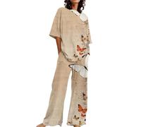 Pigiama Cotone Donna Lungo Abiti Estivi per Donna 2 Set di Lino in Cotone T-Shirt Oversize Pantaloni a Gamba Dritta Tuta Taglie Forti Camicia da Notte Donna Pijama Donna Cotone (Khaki, XXXXL)