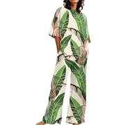 Pigiama Cotone Donna Lungo Abiti Estivi per Donna 2 Set di Lino in Cotone T-Shirt Oversize Pantaloni a Gamba Dritta Tuta Taglie Forti Camicia da Notte Donna Pijama Donna Cotone (Green, XXXL)