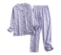 Pigiama Cotone Donna Lungo, Pigiama Donna Maniche Lunghe Stampa Casual con Bottoni a Pois sul Risvolto Leggero Pigiama Set Pantaloni Lunghe Morbidi Pigiama Donna Aperto Davanti per La Casa