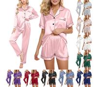 Pigiama da 4 pezzi, camicia da notte da donna, in raso, a maniche corte, a maniche lunghe, top e pantaloni corti/lunghi, biancheria da notte con bottoni, comoda tuta da casa, Colore: rosa., L