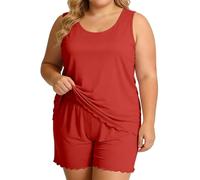 Pigiama da donna, 2 pezzi, corto - Loungewear da donna, set Cozy, corto, comodo e di grandi dimensioni, pigiama in due pezzi, con canotta e pantaloncini, pigiama da notte leggero, rosso mattone, L