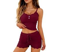 Pigiama da donna, 2 pezzi, corto - Set da casa da donna, in maglia e lounge, comodo pigiama elasticizzato, elegante in due pezzi, con biancheria intima e pantaloni da notte, Vino, M
