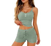 Pigiama da donna, 2 pezzi, corto - Set da casa da donna, in maglia e lounge, comodo pigiama elasticizzato, elegante in due pezzi, con biancheria intima e pantaloni da notte, verde chiaro, M