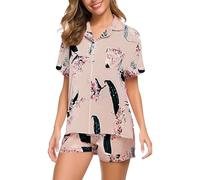 Pigiama da donna, 2 pezzi, da donna, a maniche corte, casual, con colletto e loungewear a maniche corte, abito da notte a quadri, con bottoni, per la casa, con risvolto, morbido pigiama alla moda, oro