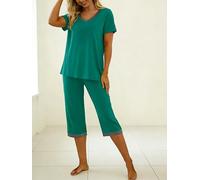 Pigiama da donna 2 pezzi in cotone, top a maniche corte con pantaloni a lunghezza media coordinati, set per la casa, stampato, stile carino, Più verde, X-Large