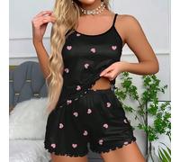 Pigiama da donna 2 pezzi Set con stampa amore, top canotta scollo a rotondo, canottiera, pantaloncini, schiena scoperta, bordo arricciato, seta ghiacciata, comodo, romantico, abbigliamento da notte L,