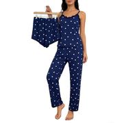 Pigiama da donna, 3 pezzi, in pizzo, a maniche corte, colore blu scuro | Bordo in pizzo, design arioso, set da 3 pezzi, top con pantaloni e pantaloncini, ideale per le notti calde