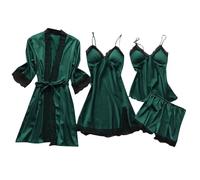Pigiama da donna 4 pezzi in raso con pizzo kimono spaghetti robe senza maniche pigiama sexy set negligee top e shorts camicia da notte con imbottitura per il petto tuta da casa leggera biancheria da