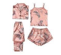 Pigiama da donna, 4 pezzi, in raso, sexy, per la casa, estivo, per ragazze, in seta, a maniche corte, da notte, con bottoni, maglietta + top + pantaloni baggy + pantaloncini corti, Z-rose oro, m