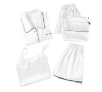 Pigiama da donna, 4 pezzi, in raso, sexy, per la casa, estivo, per ragazze, in seta, a maniche corte, da notte, con bottoni, maglietta + top + pantaloni baggy + pantaloncini corti, Z-bianco., L
