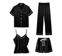 Pigiama da Donna, 4 Pezzi, in Raso, Sexy, per la casa, Estivo, per Ragazze, in Seta, a Maniche Corte, da Notte, con Bottoni, Maglietta + Top + Pantaloni Baggy + Pantaloncini Corti