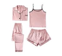 Pigiama da donna, 4 pezzi, in raso, sexy, per la casa, estivo, per ragazze, in seta, a maniche corte, da notte, con bottoni, maglietta + top + pantaloni baggy + pantaloncini corti, Colore: rosa., M