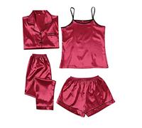 Pigiama da donna, 4 pezzi, in raso, sexy, per la casa, estivo, per ragazze, in seta, a maniche corte, da notte, con bottoni, maglietta + top + pantaloni baggy + pantaloncini corti