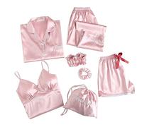 Pigiama da donna, 7 pezzi, in raso, set di pigiama da notte, pigiama, pantaloncini da notte con spalline sottili, fermagli per capelli e fermagli per capelli, in seta morbida, O rosa., L