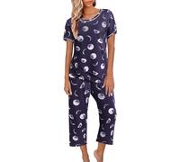 Pigiama da donna a 7/8, set di pigiama da 2 pezzi, a maniche corte, con motivo floreale, elegante, leggero, comodo, casual, per il tempo libero, Blu scuro, S