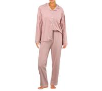 Pigiama da donna a due pezzi con maniche lunghe, abbottonatura, pantaloni morbidi e comodi, per una combinazione classica, tessuto di cotone elasticizzato, comodo pigiama per notti fresche, tinta