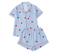 Pigiama da donna a forma di cuore, 2 pezzi, a maniche corte, con bottoni e pantaloncini, in due pezzi, estivo, Y2k Lounge, comodo, abbigliamento per la casa, morbido loungewear corto, P azzurro cielo
