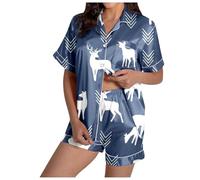 Pigiama da donna a maniche corte, 2 pezzi, in raso, morbido, giraffa, in seta, elastico, traspirante, Merry Christmas, O blu navy, M