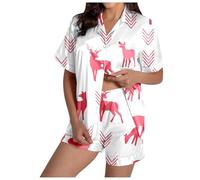 Pigiama da donna a maniche corte, 2 pezzi, in raso, morbido, giraffa, in seta, elastico, traspirante, Merry Christmas, O rosa., XXL