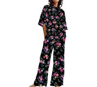 Pigiama da donna a maniche corte a gamba lunga, top lungo e pantaloni coordinati, completi per il tempo libero con tasche, abiti da salotto in due pezzi, set pigiama morbido per il tempo libero, Nero