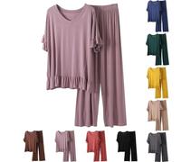Pigiama da donna, a maniche corte, in cotone, per donna, in cotone, lungo, con scollo a V, con volant, per la casa, oversize, in due pezzi, elegante pijamas, Nero , xxl