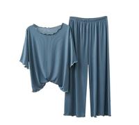 Pigiama da donna a maniche corte, pigiama classico con scollo rotondo, con pantaloni larghi, maniche corte, morbido, traspirante, abbigliamento casual per la casa, comodo abbigliamento quotidiano, Blu