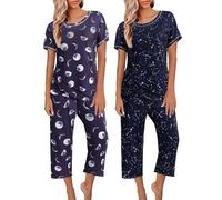 Pigiama da donna a maniche lunghe, a righe, da donna, in maglia a nido d'ape, per la casa, in cotone, a maniche lunghe, con pantaloni a quadri, Blu marino, XL