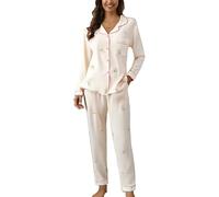 Pigiama da donna a maniche lunghe, con bottoni, due pezzi, a maniche lunghe, con scollo a V, con tasca sul petto, elastico in vita, abbigliamento da notte da donna, rosa chiaro, XL