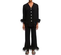 Pigiama da donna a maniche lunghe con bottoni e orlo in piuma, con camicia e pantaloni, elegante, in raso, 2 pezzi, per feste e uso quotidiano, Nero , S