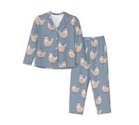 Pigiama da donna a maniche lunghe con galline della fattoria, colore blu | Set da casa a maniche lunghe con bottoni, set pigiama in due pezzi con elastico in vita e tasche