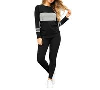 Pigiama da donna a maniche lunghe con leggings effetto a righe, Nero , XXL