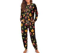 Pigiama da donna, a maniche lunghe, con pigiama, comodo, per il tempo libero, in due pezzi, taglie grandi, Nero , S