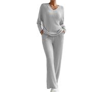 Pigiama da donna, a maniche lunghe, con scollo a V, a coste, set da 2 pezzi, con tasche elasticizzate, gamba larga, per tutte le stagioni, per la casa, slim, grigio scuro, XXL