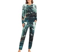 Pigiama da donna a maniche lunghe con stampa di piovra e nave dei pirati e pantaloni morbidi, 2 pezzi, Stile:, M