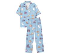 Pigiama da donna a maniche lunghe con stampa Halloween blu cielo | Set da notte per le vacanze di Halloween, pigiama con stampa completa, pigiama morbido e traspirante, con scollo a V