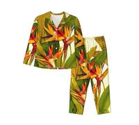 Pigiama da donna a maniche lunghe con uccello tropicale del paradiso, morbido e caldo, per tutte le stagioni, delicato sulla pelle e traspirante., Nero , L