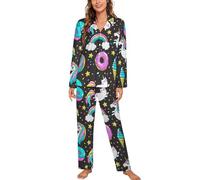 Pigiama da donna a maniche lunghe con unicorno e ciambelle, 2 pezzi, con colletto cubano, Stile 18, XXL