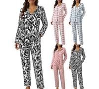 Pigiama da donna a maniche lunghe, pigiama in cotone con bottoni, comodo da notte, per il tempo libero, leggero, super morbido, due pezzi, per tutte le stagioni, I, M