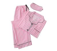 Pigiama da donna a maniche lunghe, set completo in cotone, biancheria da notte classica a righe, camicia abbottonata con colletto, maschera per gli occhi, pantaloni larghi abbinati, indumenti leggeri