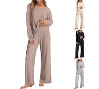 Pigiama da donna a maniche lunghe Set pigiama da donna a costine girocollo morbido top accogliente e pantaloni larghi per il tempo libero Set di biancheria da notte in due pezzi abbigliamento per la