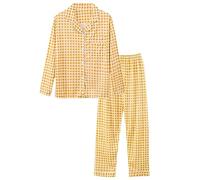 Pigiama da donna a maniche lunghe, sottile, in cotone, a quadretti, biancheria da notte, 2 pezzi, con bottoni, pantaloni lunghi, elegante, pigiama a gamba larga, comodo abbigliamento per la casa