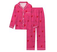 Pigiama da donna a maniche lunghe stampato a forma di cuore di San Valentino morbido e delicato sulla pelle Risvolto in tessuto alla moda e confortevole Set da notte in due pezzi, Rosa acceso, 3XL