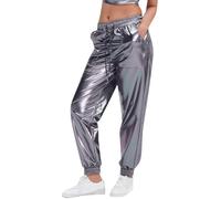 Pigiama da donna a quadri, tinta unita, taglie forti, pantaloni da donna, in stile street-trendy, con stampa dorata, stile sportivo, in pelle chiara, largo, performance, 36/38, grigio., S