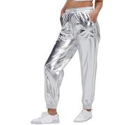 Pigiama da donna a quadri, tinta unita, taglie forti, pantaloni da donna, in stile street-trendy, con stampa dorata, stile sportivo, in pelle chiara, largo, performance, 36/38, argento, L