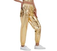 Pigiama da donna a quadri, tinta unita, taglie forti, pantaloni da donna, in stile street-trendy, con stampa dorata, stile sportivo, in pelle chiara, largo, performance, 36/38, gold, XL