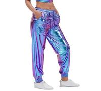 Pigiama da donna a quadri, tinta unita, taglie forti, pantaloni da donna, in stile street-trendy, con stampa dorata, stile sportivo, in pelle chiara, largo, performance, 36/38, Blu, L