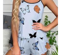 Pigiama da donna alla moda con design a farfalla, top senza maniche in tessuto morbido con pantaloncini abbinati (M blu)