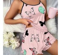 Pigiama da donna alla moda con design a farfalla, top senza maniche in tessuto morbido con pantaloncini coordinati (XXXL rosa)