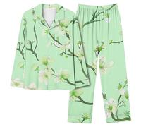 Pigiama da donna Autunno Inverno Stampe Fiore Stampe Pantaloni Lunghi Pigiameria Set Morbido Comodo Night Wear Scollo a V Lounge Wear Carino Due Pezzi Comodo Pigiama Wear, Verde chiaro, S